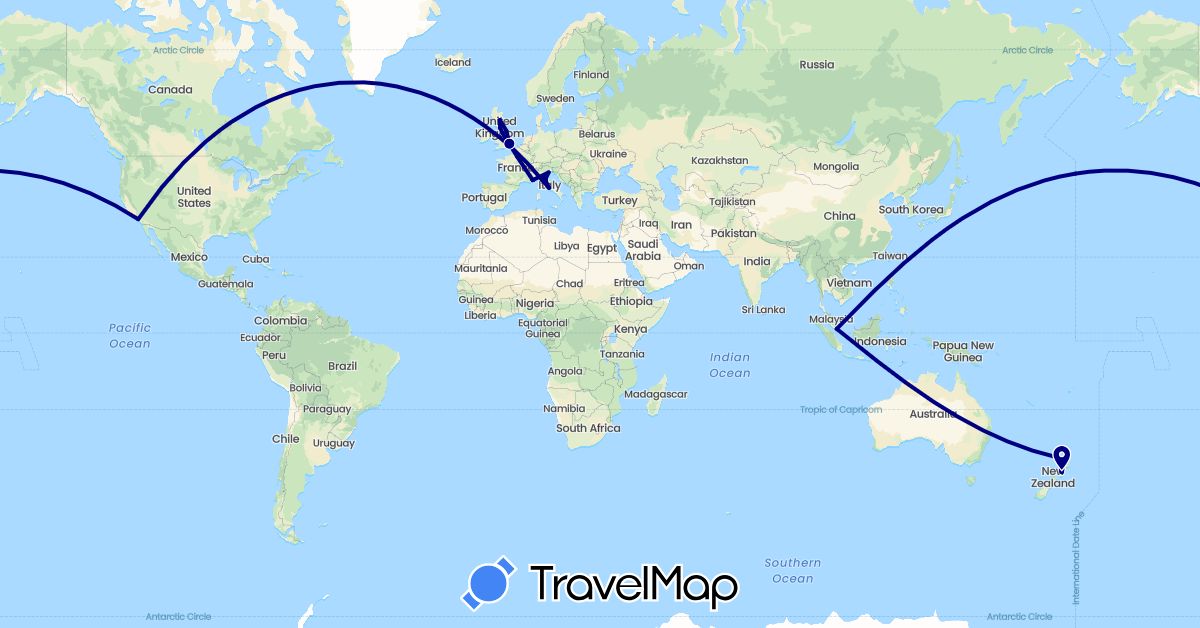 TravelMap itinerary: driving in France, United Kingdom, Italy, Monaco, New Zealand, Singapore, United States (Asia, Europe, North America, Oceania)